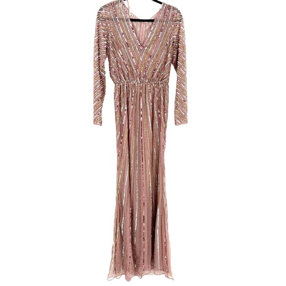 MAC DUGGAL Sequined V Neck Long Sleeve Column Gown Rosewood 4 NWT - Picture 7 of 11